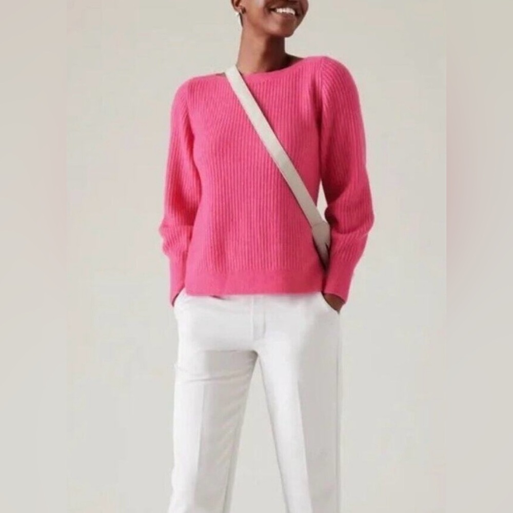 Athleta Merino Extra Fine Wool Blend Ribbed Sweater w. Boat neck - Pink - XL - Picture 2 of 16
